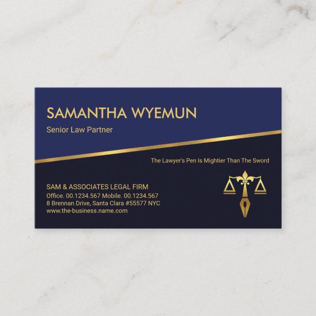 Tilting Gold Line Blue Shades Barrister Paralegal Business Card (Front)