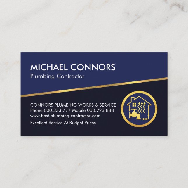 Tilting Gold Line Blue Shades Plumbing Business Card (Front)