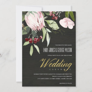 Timber Blush Pink Burgundy Protea Floral Wedding Invitation