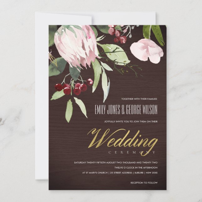Timber Blush Pink Burgundy Protea Floral Wedding  Invitation (Front)