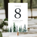 Timber Grove | Personalized Table Number Card<br><div class="desc">Wintry woodland chic table number cards feature a grouping of watercolor pine trees in hunter green and sage green. Personalize with each table number,  with your names and wedding date beneath. Design repeats on reverse side. Coordinates with our Timber Grove wedding invitation suite.</div>