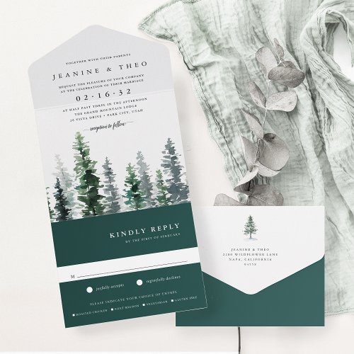 Timber Grove  Winter Watercolor Wedding All In One Invitation