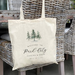 Timber Grove Winter Wedding Welcome Tote Bag<br><div class="desc">Welcome your guests in style with this custom tote bag from the Timber Grove collection by Redwood & Vine Design Co. Designed with watercolor pine trees and elegant script, this canvas bag is perfect for holding snacks, local goodies, and essentials for your wedding weekend. Personalize it with your names, date,...</div>