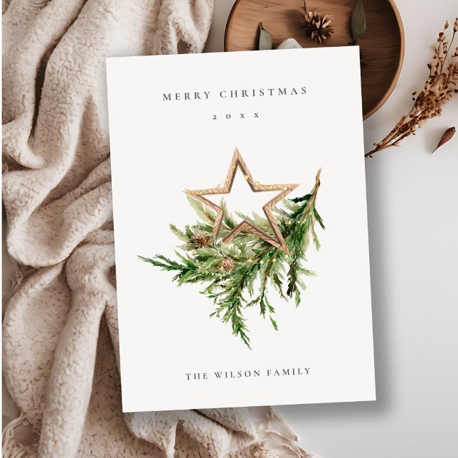 Timber Star Ornament Pine Branch Merry Christmas Holiday Card (Creator Uploaded)