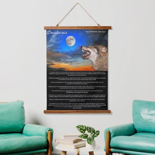 Timber wolf looking at the moon Desiderata  Hanging Tapestry