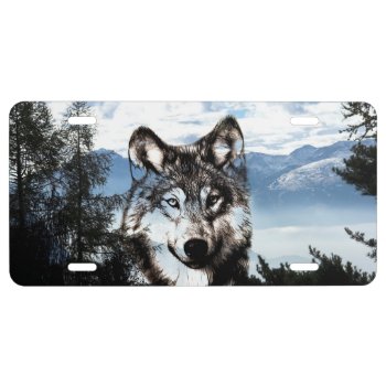 Timber Wolf Spirit In Sky License Plate by deemac2 at Zazzle