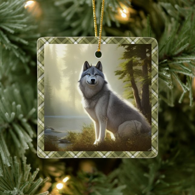 Timber Wolf Wildlife Portrait Personalized   Ceramic Ornament (Tree)