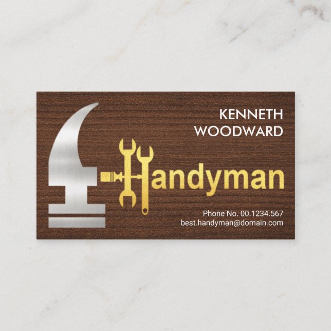 Timber Wood Creative Silver Gold Handyman Hammer Business Card (Front)