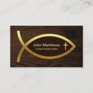 Timber Wood Cross Creative Gold Ichthus Ministry Business Card