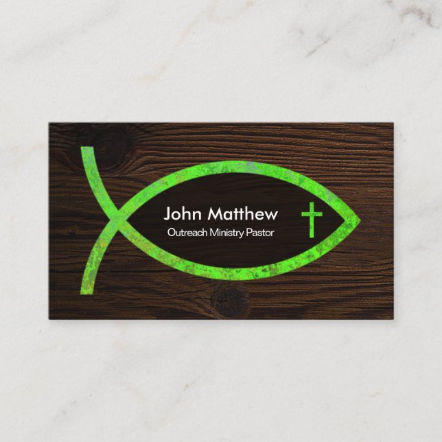Timber Wood Cross Creative Green Ichthus Pastor Business Card (Front)