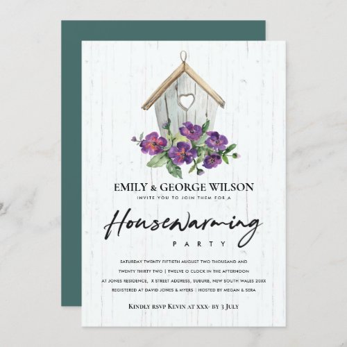 TIMBER WOOD FLORAL BIRD HOUSE HOUSEWARMING PARTY INVITATION