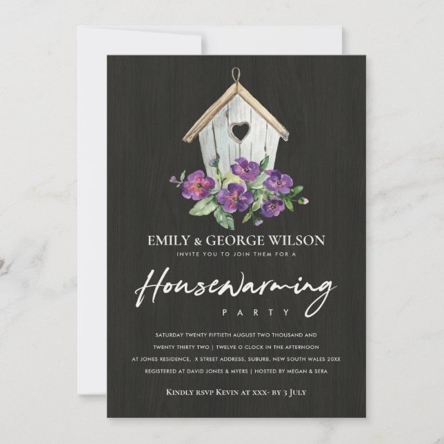 TIMBER WOOD FLORAL BIRD HOUSE HOUSEWARMING PARTY INVITATION (Front)