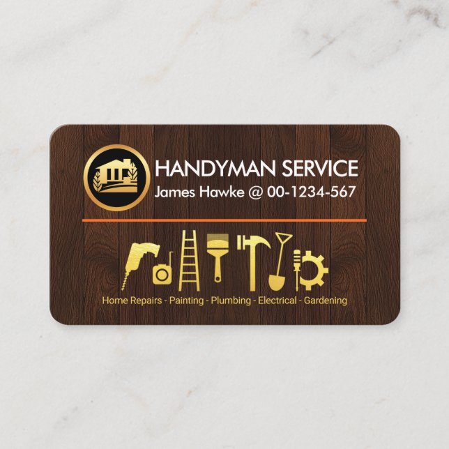 Timber Wood Gold Handyman Tools Business Card (Front)
