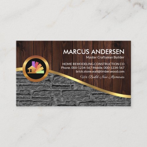 Timber Wood Stone Wall Gold Wave Business Card