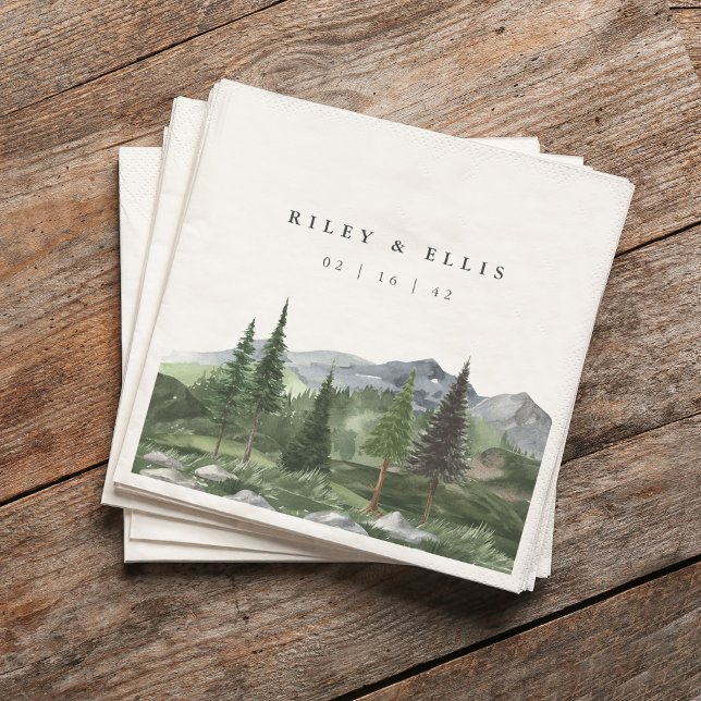 Timberline | Watercolor Mountain Forest Wedding Napkins (Creator Uploaded)