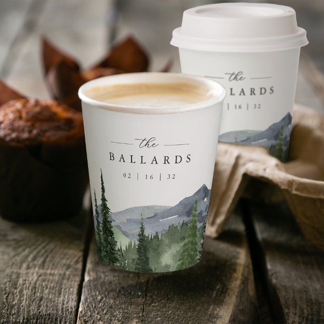 Timberline | Watercolor Mountain Forest Wedding Paper Cups (Creator Uploaded)