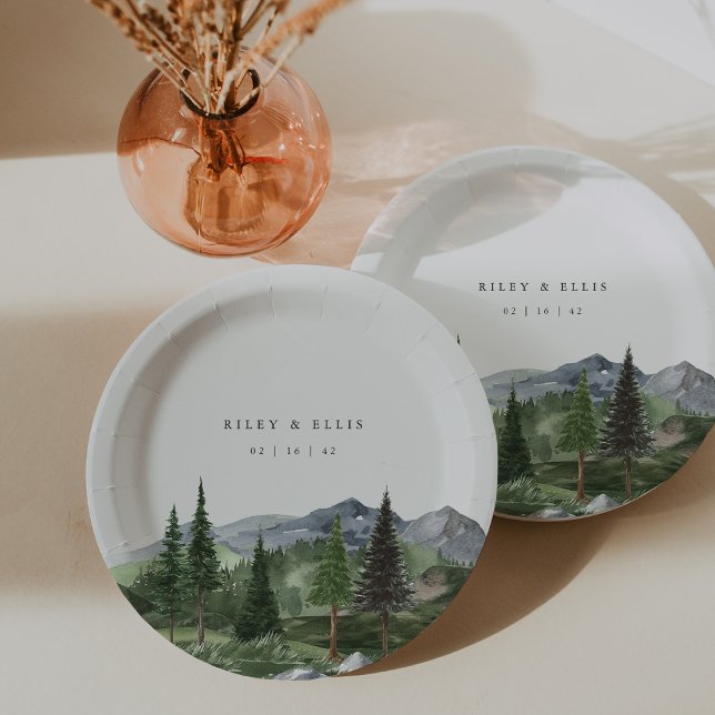 Timberline | Watercolor Mountain Forest Wedding Paper Plates (Creator Uploaded)