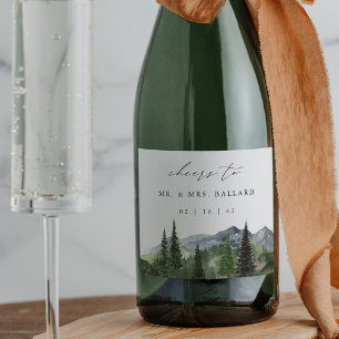 Timberline   Watercolor Mountain Forest Wedding Sparkling Wine Label