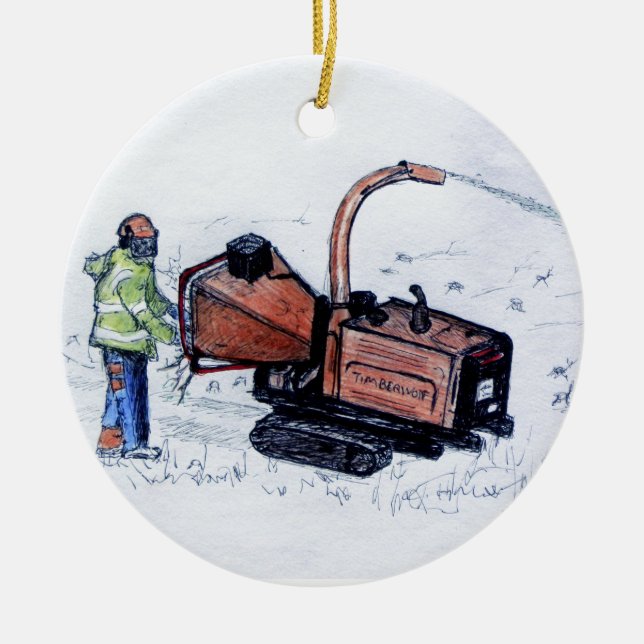 Timberwolf wood chipper ceramic ornament (Front)