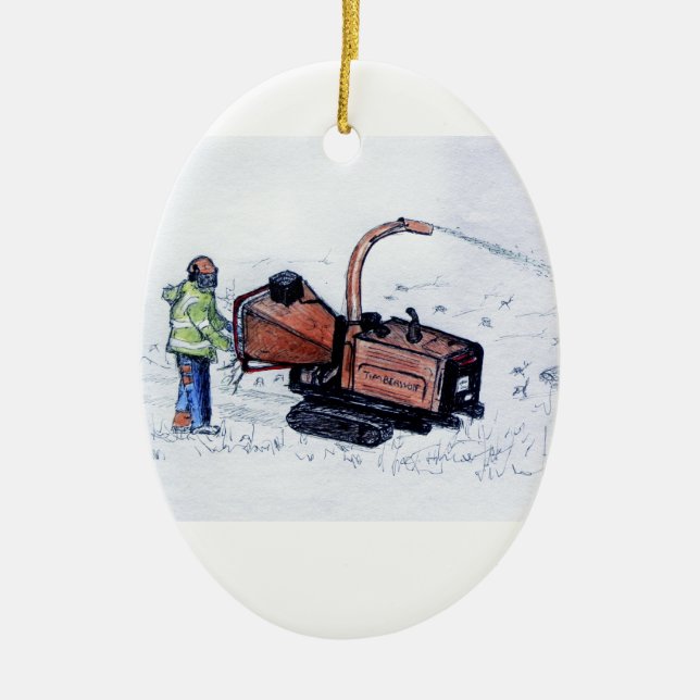 Timberwolf wood chipper ceramic ornament (Front)