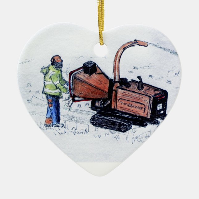 Timberwolf wood chipper ceramic ornament (Front)