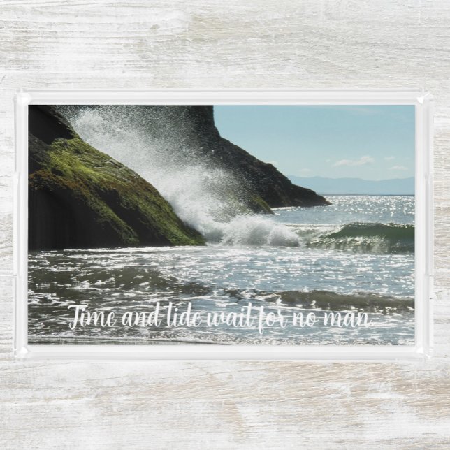 Time and Tide Chaucer Quote Crashing Waves Acrylic Tray (In Situ)