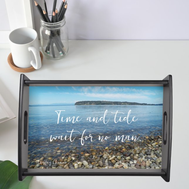 Time and Tide Geoffrey Chaucer Quote Seascape Serving Tray (In Situ)
