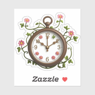 Time Blooms Sticker: Unique Clock & Floral Design Sticker