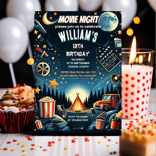 time boy Camping Popcorn Movie Night 13th birthday Invitation