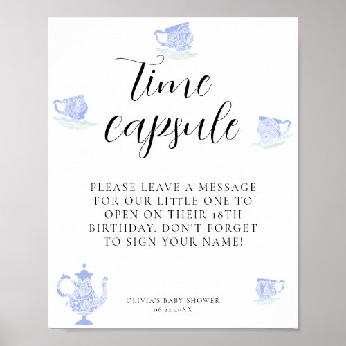 Time Capsule Baby Tea China Blue White Lace Poster