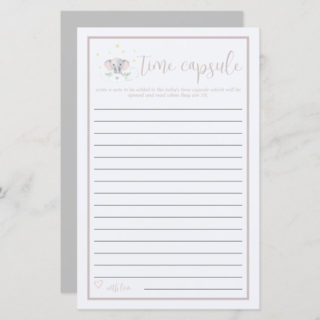Time Capsule Elephant Baby Shower Game (Front/Back)