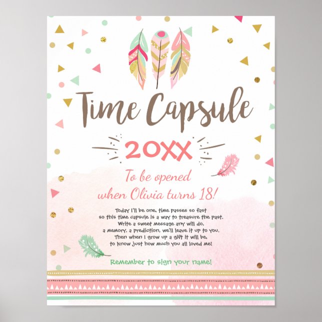 Time Capsule Feathers Tribal Boho Girl Gold Poster (Front)