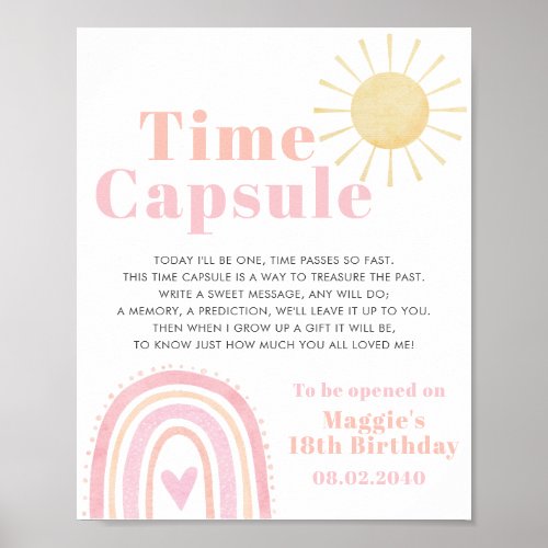 Time Capsule Pastel Rainbow Sun Girl 1st Birthday Poster