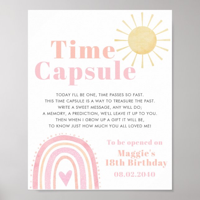 Time Capsule Pastel Rainbow Sun Girl 1st Birthday Poster (Front)
