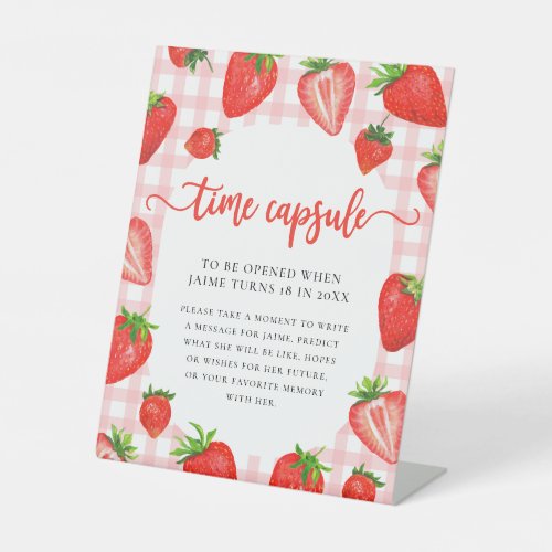 Time Capsule  Pink Strawberry Gingham Birthday Pedestal Sign