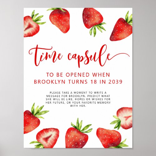 Time Capsule Sign  Strawberry Birthday Party