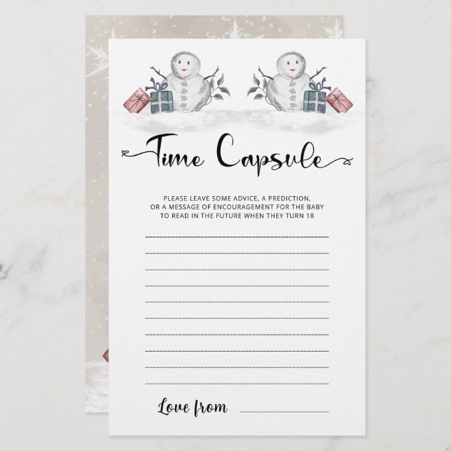 Time Capsule Snowman Baby Shower Game (Front/Back)