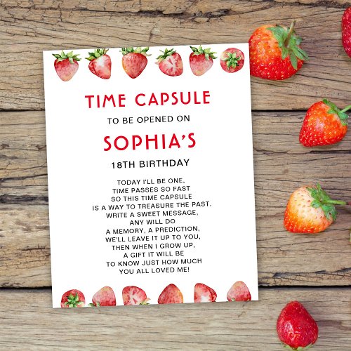 Time Capsule Strawberry 1st Birthday Poster