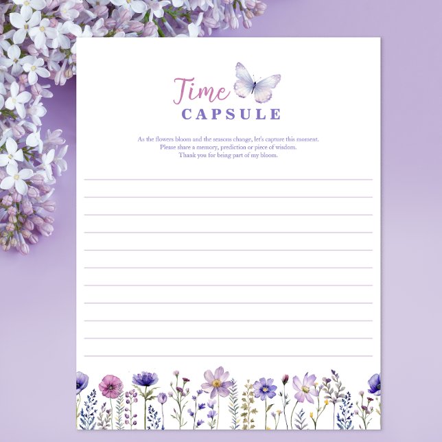 Time Capsule Wildflower First Birthday Party Game (Birthday Party Time Capsule Activity Sheet)