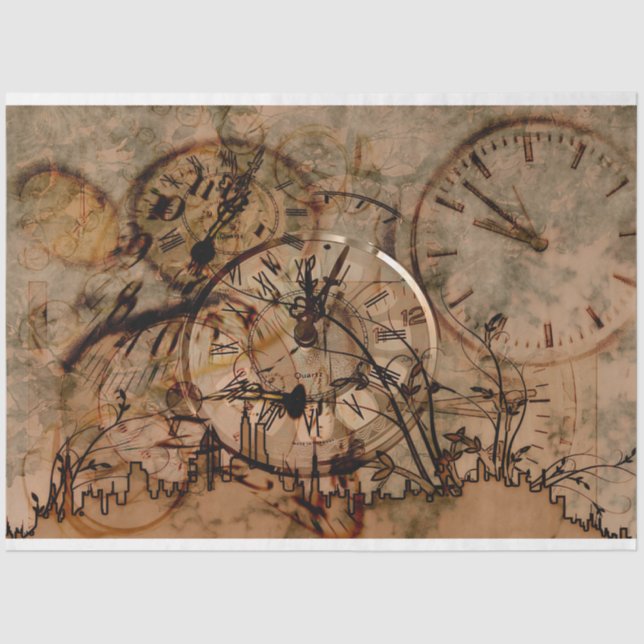 Time Clocks Collage City Decoupage Tissue Paper (Front)