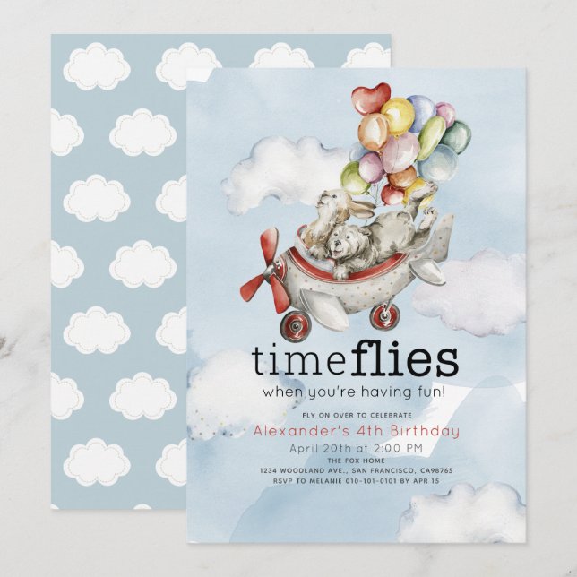 Time Flies Airplane Balloons Bear & Bunny Birthday Invitation (Front/Back)