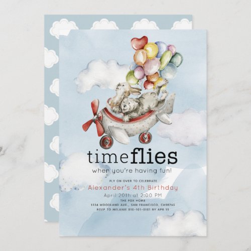 Time Flies Airplane Balloons Bear  Bunny Birthday Invitation