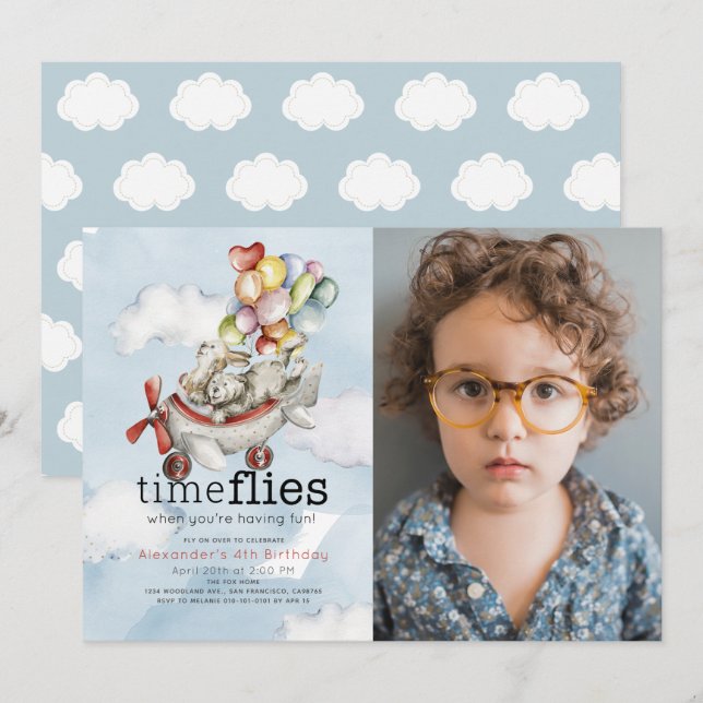 Time Flies Airplane Bear Bunny Birthday Photo Invitation (Front/Back)
