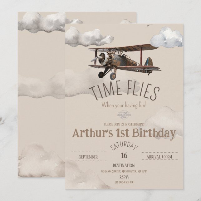 Time Flies Airplane Birthday Invitation (Front/Back)