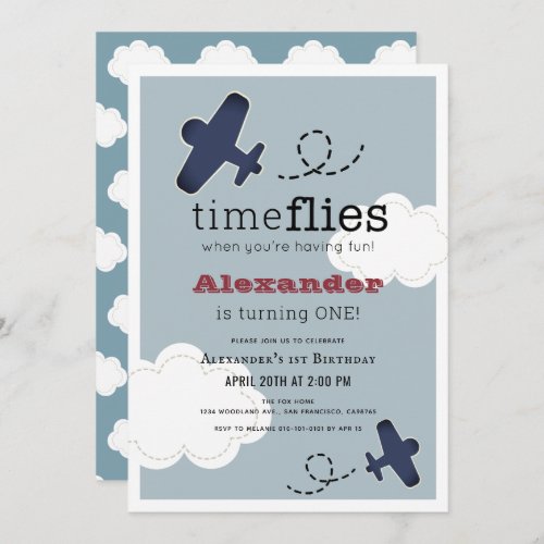 Time Flies Airplane Blue Boy 1st Birthday Invitation
