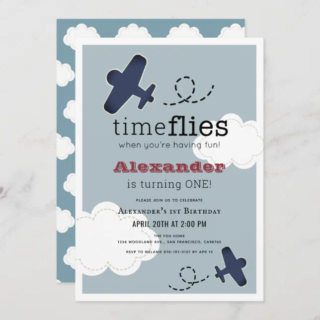 Time Flies Airplane Blue Boy 1st Birthday Invitation | Zazzle