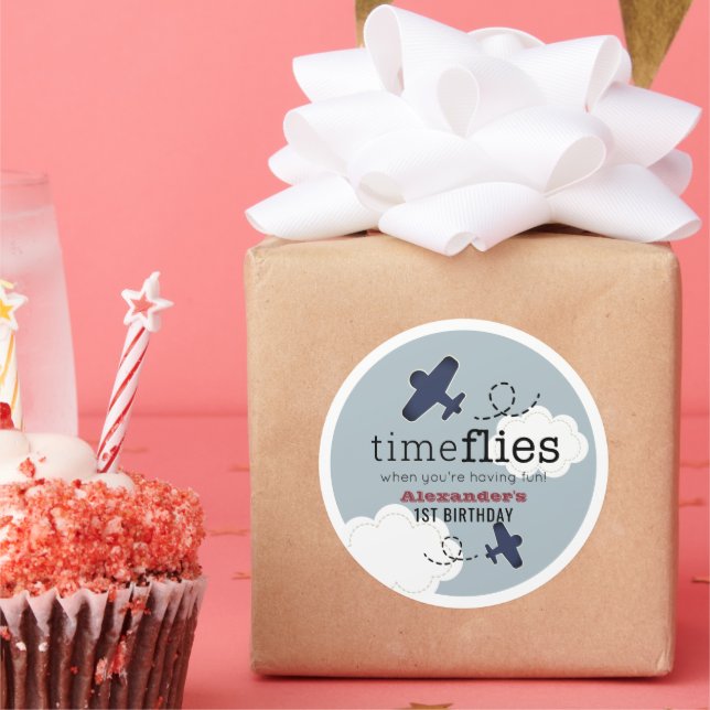 Time Flies Airplane Blue Boy Birthday Classic Roun Round Sticker (Party)