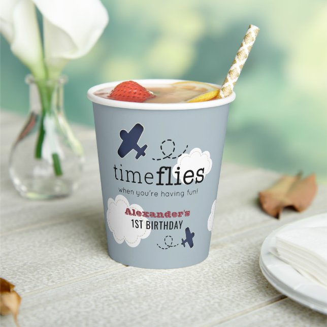 Time Flies Airplane Blue Boy Birthday Paper Cups (Insitu)