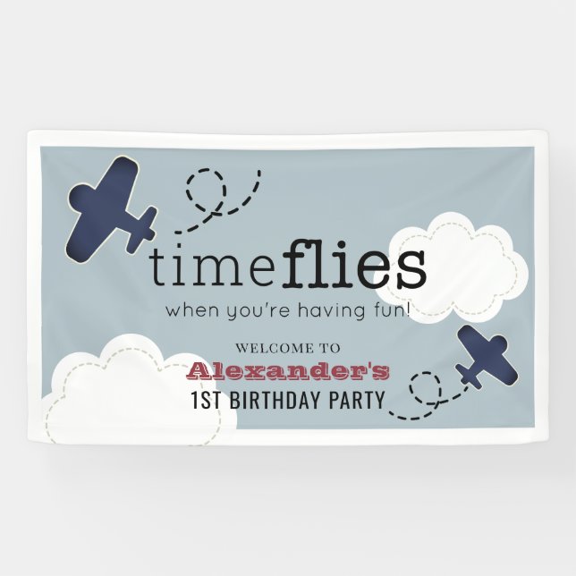 Time Flies Airplane Blue Boy Birthday Welcome Banner (Horizontal)