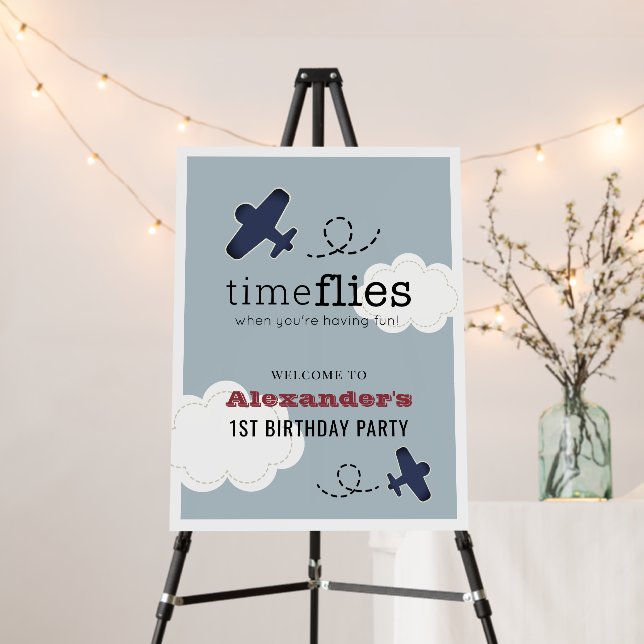 Time Flies Airplane Blue Boy Birthday Welcome Foam Board (In Situ (Stand))